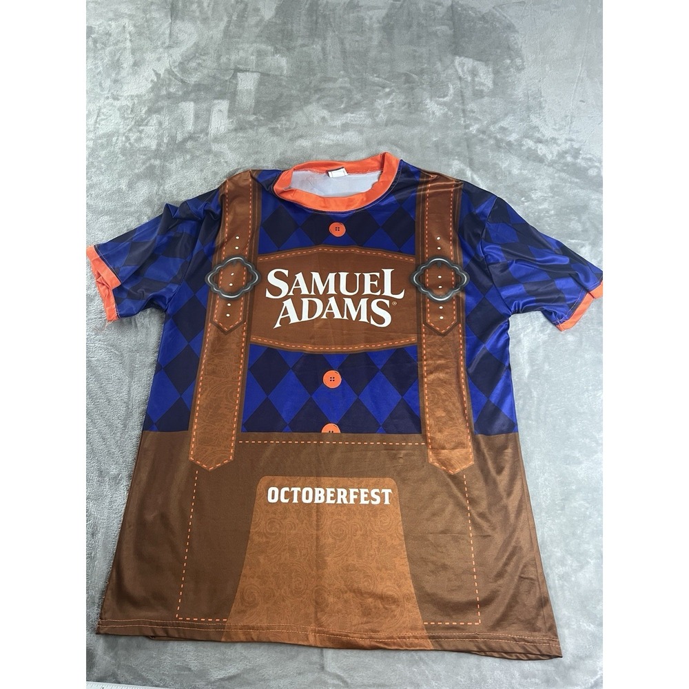 Samuel Adams Oktoberfest Costume Beer Shirt Men's Large Blue Lederhosen Graphic